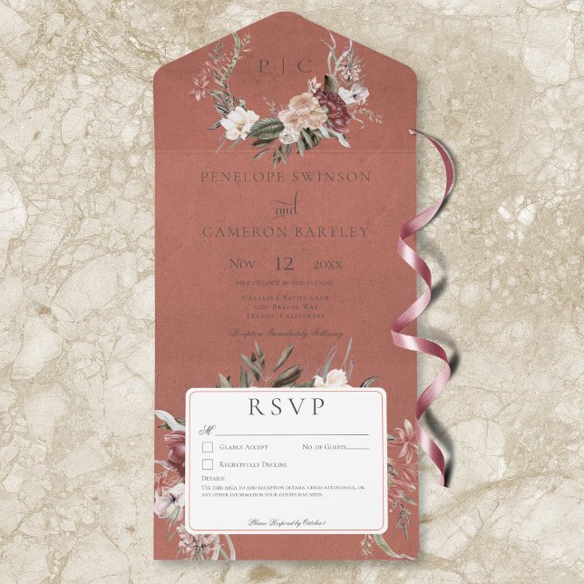 Vintages Blumenkraut Kein Abendessen All In One Einladung (Rust Vintage Floral Wreath No Dinner All In One Invitation)