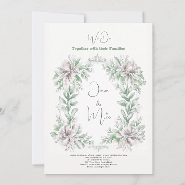 Vintages Blumenmuster grün, mit Details, Einladung (Vorderseite)