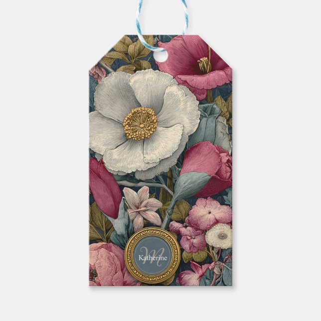 Vintages Blumenmuster mit Individuelle Name Geschenkanhänger (Vorderseite)