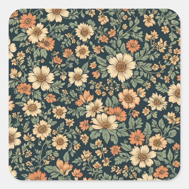 Vintages Blumenmuster Quadratischer Aufkleber (Vorderseite)