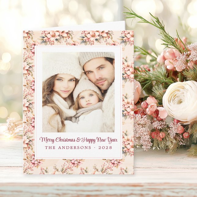 Vintages Blumenrosa Weihnachten individuell anpass Karte (Shabby Chic Christmas Card)