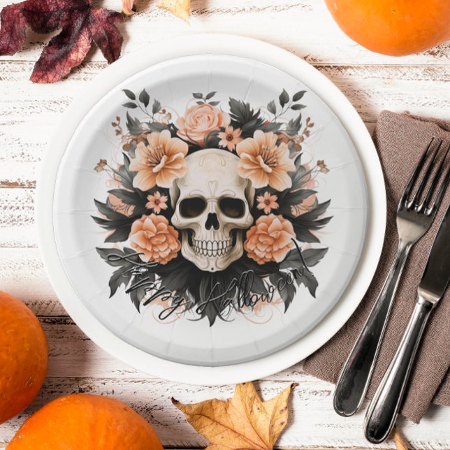 Vintages Blumenschädel Halloween Pappteller (Spooky floral skull plates will add an elegant touch to your Halloween party.)