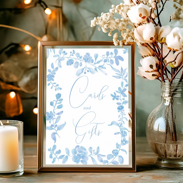 Vintages Blumenschild, blau, französisch, Brautpar Poster (Blue french vintage floral sign bridal shower)
