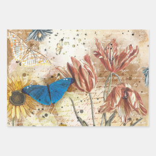 Vintages Blumenschmetterlingsdekouver Geschenkpapier Set