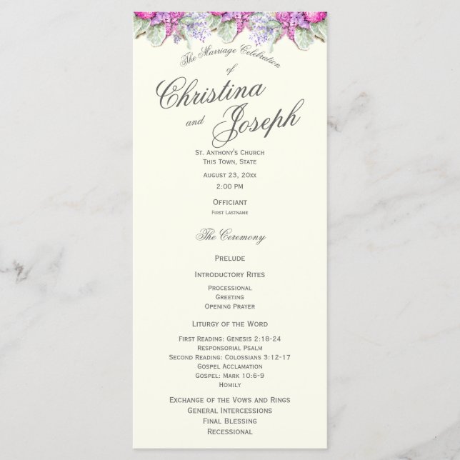 Vintages Blumenwasser-Bouquet-Hochzeitsprogramm Programm (Vorderseite)