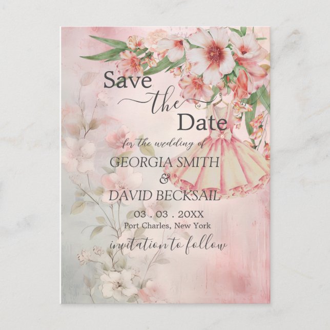 Vintages Blush-Kleid Save the Date Postkarte (Vorderseite)