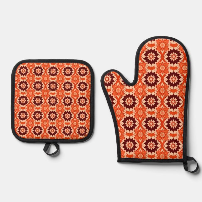 Vintages Boho geometrisches Muster Ofenhandschuh & Topflappen-Set (Vorderseite)