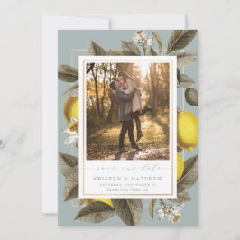 Vintages botanisches Lemon Wedding Dusty Blue Foto Save The Date