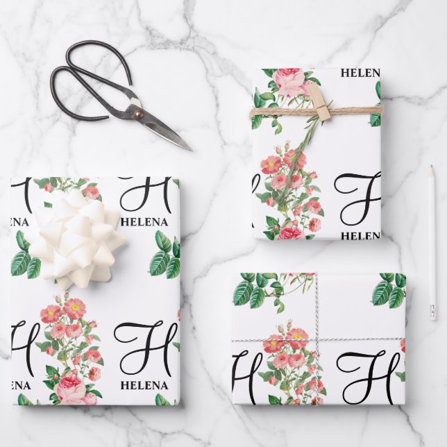 Vintages botanisches Monogramm Geschenkpapier Set (Vorderseite)