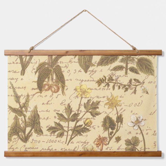 Vintages botanisches Muster Wandteppich Mit Holzrahmen (Vorne)