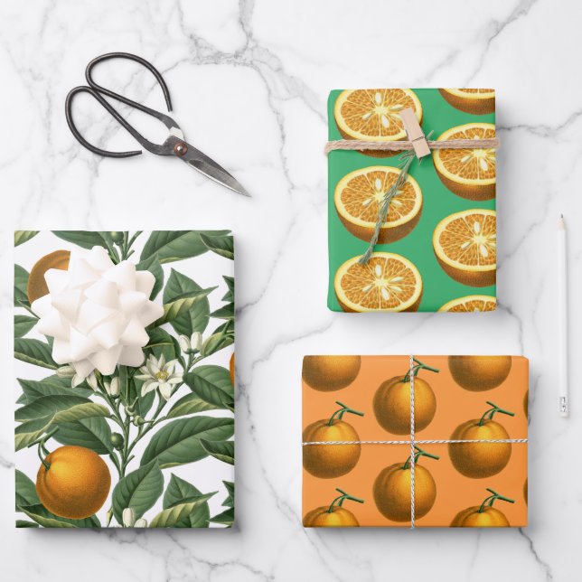 Vintages botanisches Orange Fruchtblossom Muster Geschenkpapier Set (Vorderseite)