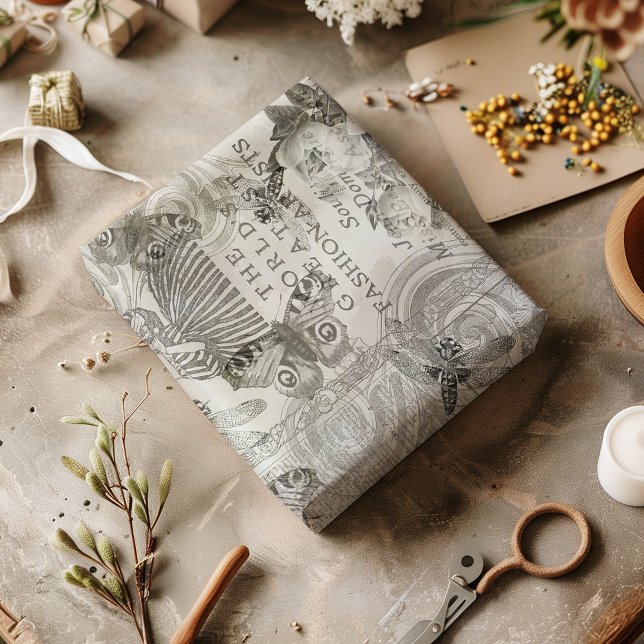 Vintages Botanisches Schmetterlingskript Schwarz/W Seidenpapier (Von Creator hochgeladen)