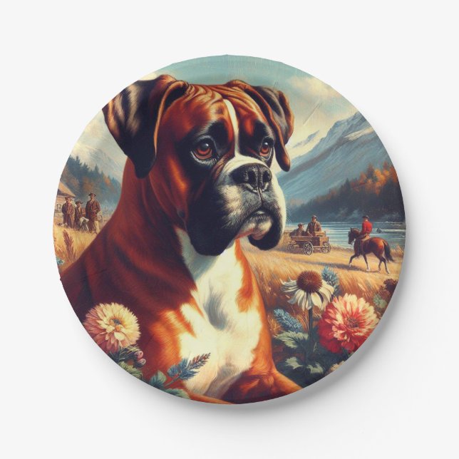 Vintages Boxer-Hundbild Pappteller (Vorderseite)
