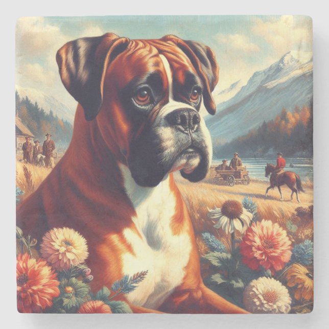 Vintages Boxer-Hundbild Steinuntersetzer (Vorderseite)