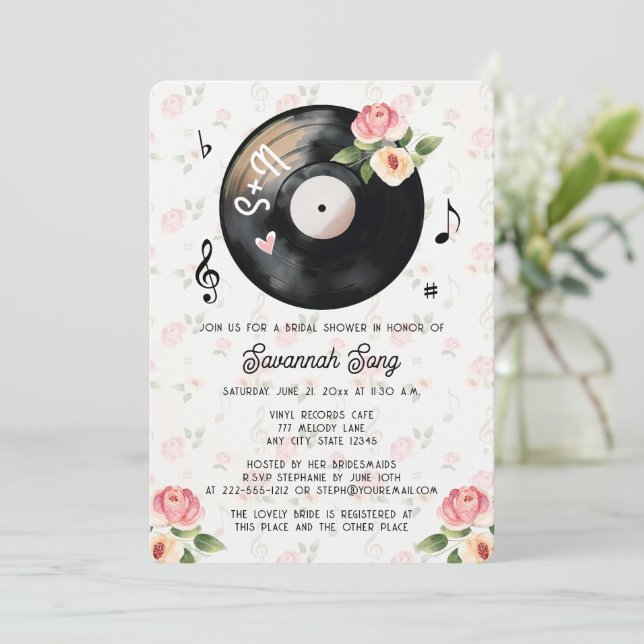 Vintages Brautparty für BlumenVinyl Einladung (Stehend Vorderseite)