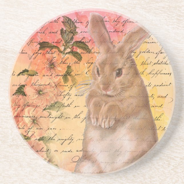 Vintages Bunny Rabbit und Ephemera Cursive Script Getränkeuntersetzer (Vorne)
