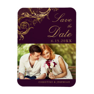 Vintages Burgundi Gold Damask Foto Save the Date Magnet