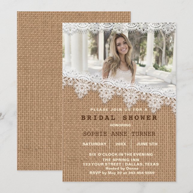Vintages Burlap Lace Foto Brautparty Einladung (Vorne/Hinten)