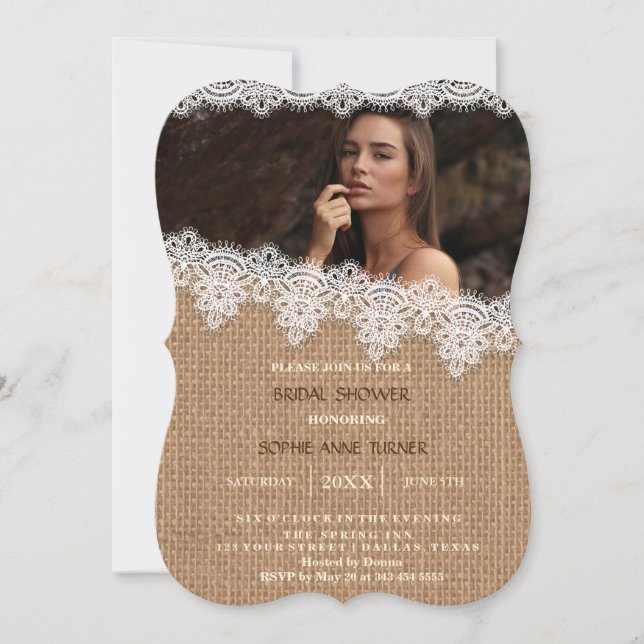 Vintages Burlap Lace Foto Brautparty Einladung (Vorderseite)