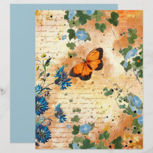 Vintages Butterfly Blue Flowers Scrapbook Paper
