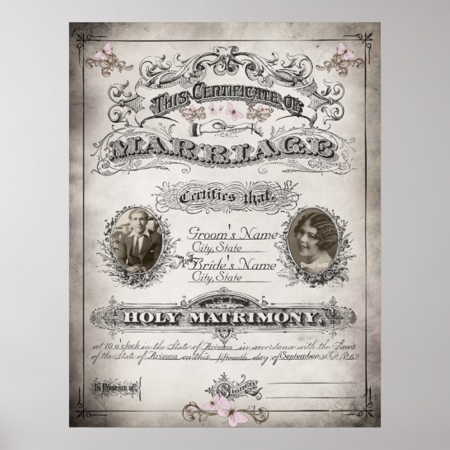 Vintages Butterfly-Ehezertifikat Poster (Vorne)