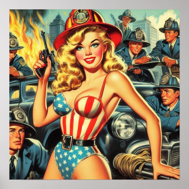 Vintages Button für Feuerwehrleute Poster (Vorne)