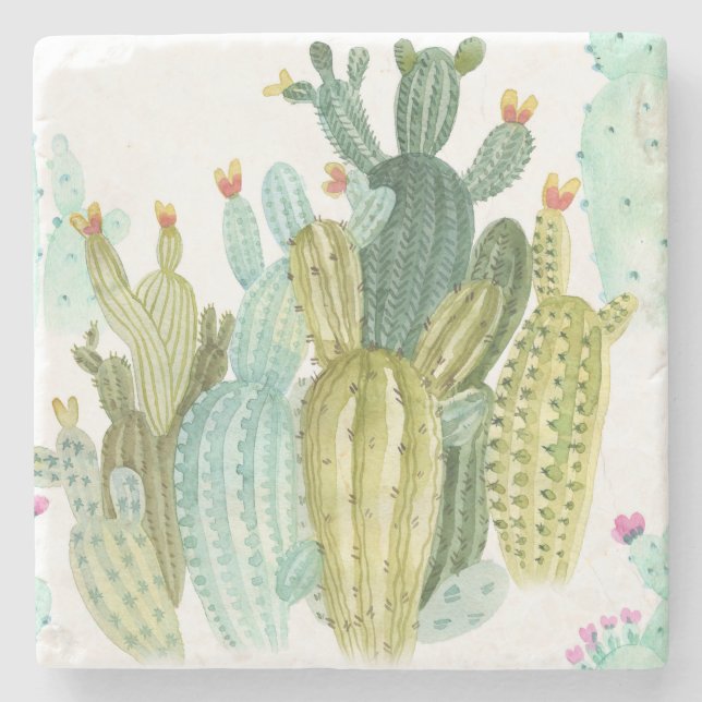 Vintages Cacti blühendes Wasserfarbmuster Steinuntersetzer (Vorderseite)