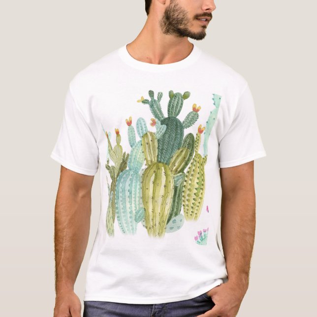 Vintages Cacti blühendes Wasserfarbmuster T-Shirt (Vorderseite)