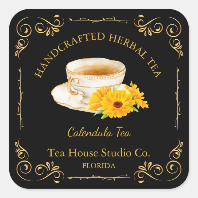 Vintages Calendula Tea Square Label Quadratischer Aufkleber (Vorderseite)
