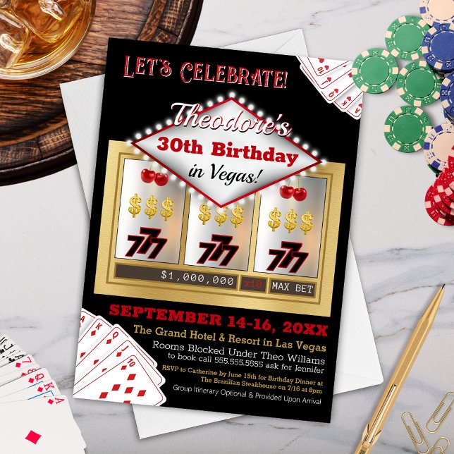 Vintages Casino Las Vegas Einladung (Personalized Casino Theme Birthday Invitation with Slot Machine for Las Vegas Gambling Party)