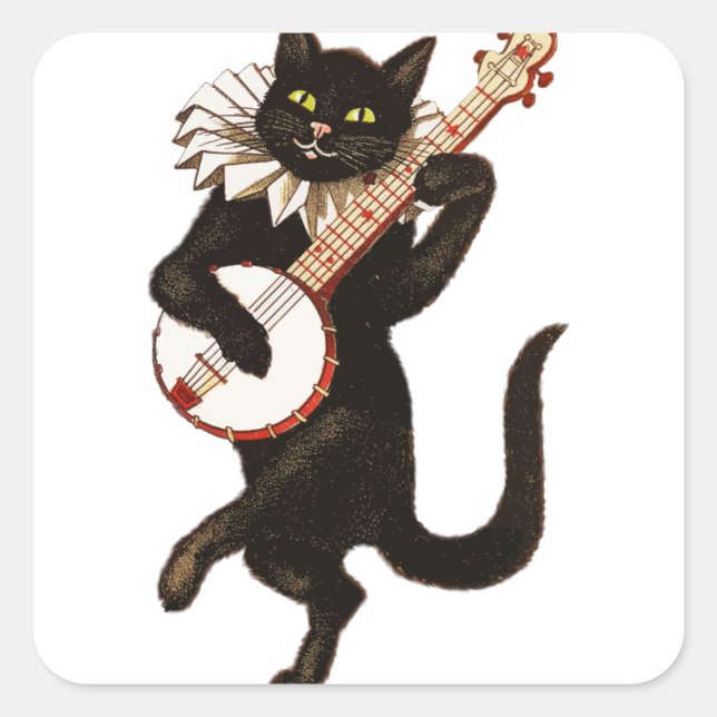 Vintages Cat Playing Banjo Quadratischer Aufkleber (Vorderseite)