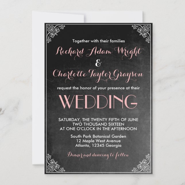 Vintages Chalkboard Pink Gray Wedding Einladung (Vorderseite)
