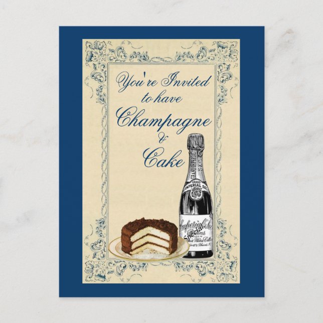 Vintages Champagner- und Cake-Party Einladungspostkarte (Vorderseite)