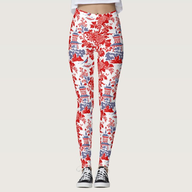 Vintages Chinoiserie Delft Französisch Rot Blau Leggings (Vorderseite)