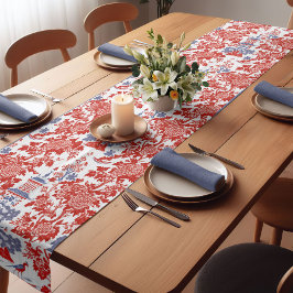 Vintages Chinoiserie Delft Französisch Rotes Blau Kurzer Tischläufer