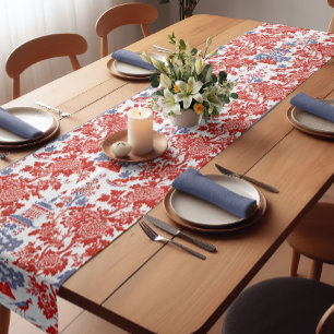 Vintages Chinoiserie Delft Französisch Rotes Blau Kurzer Tischläufer