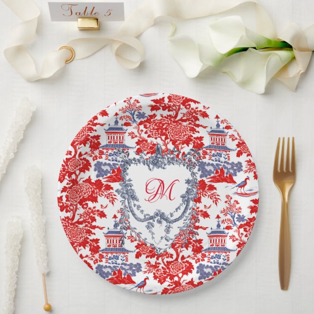 Vintages Chinoiserie Delft French Blue Monogramm Pappteller (Hochzeit)