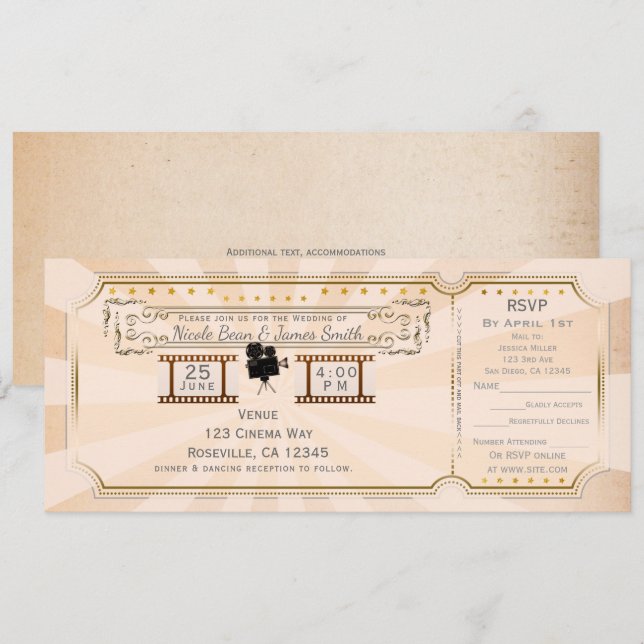 Vintages Cinema Wedding Ticket Einladung & uAwg (Vorne/Hinten)