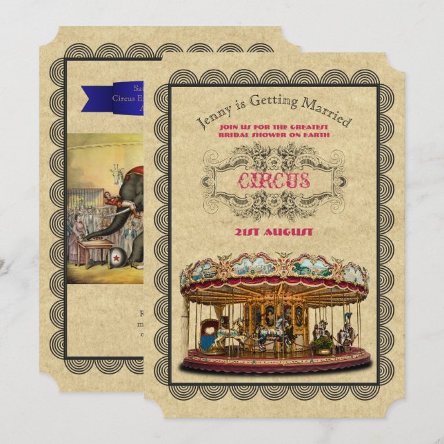 Vintages Circus Brautparty Karneval Karussell Einladung (Vorne/Hinten)