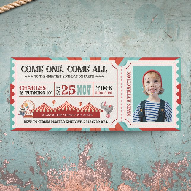 Vintages Circus Karneval Ticket Foto Geburtstag Einladung (Photo Birthday Invitation - Circus Theme)