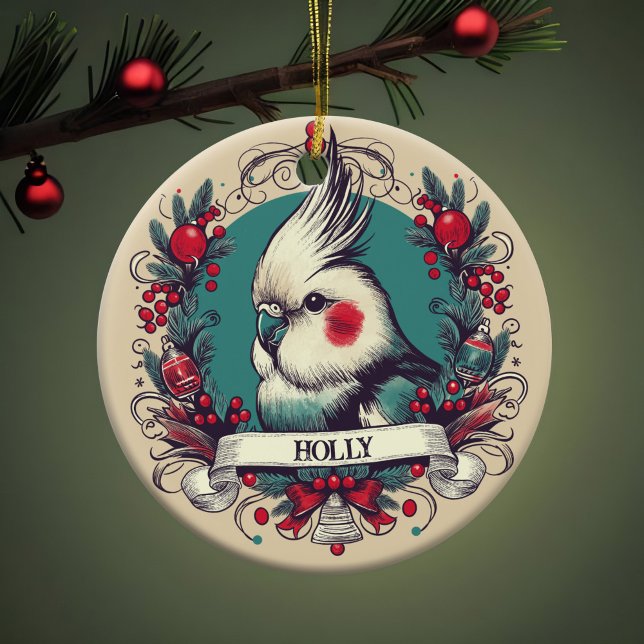Vintages Cockatiel Weihnachtsbird Portrait Keramik Ornament (Cockatiel Christmas ornament with pet bird's name. Vintage portrait in holiday wreath in trendy teal)