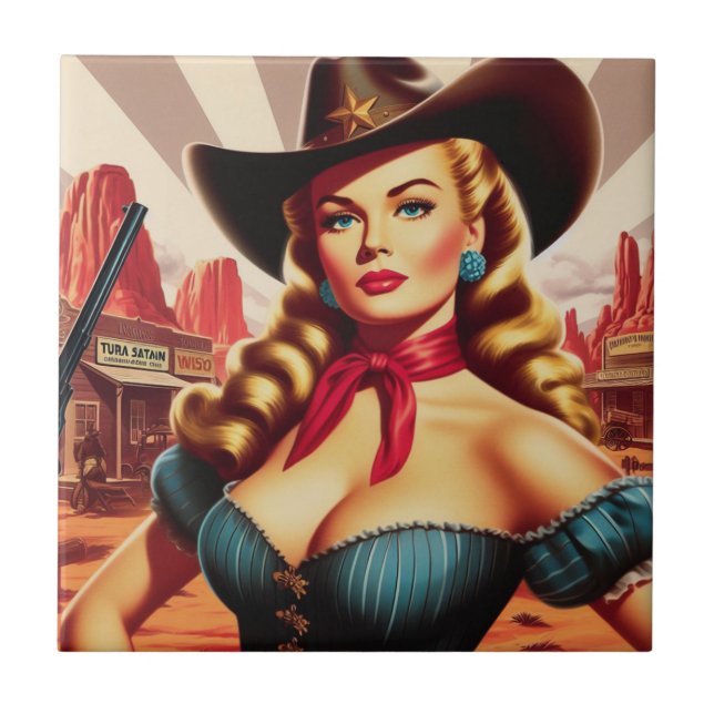 Vintages Cowgirl-Button Fliese (Vorderseite)