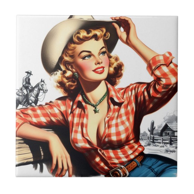 Vintages Cowgirl Button Up Fliese (Vorderseite)