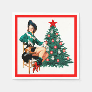 Vintages Cowgirl mit Christbaum auf Weiß Serviette