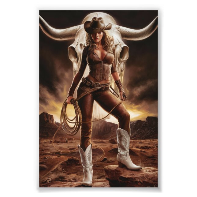 Vintages Cowgirl mit Kuhschädel Fotodruck (Vorne)