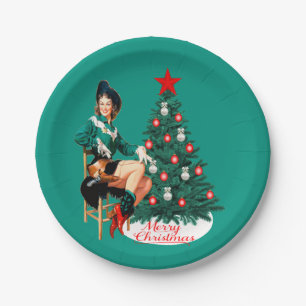 Vintages Cowgirl mit Weihnachtsbaum fröhliches Pappteller