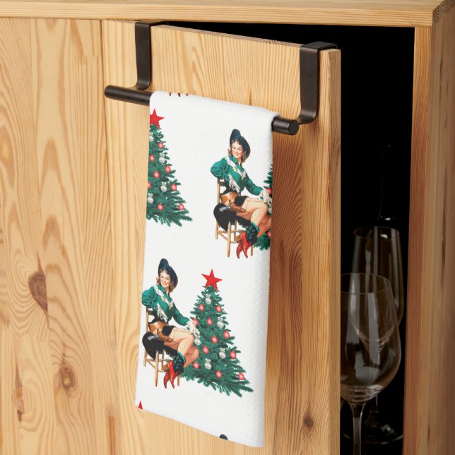 Vintages Cowgirl mit Weihnachtsbaum Geschirrtuch (Drittel gefaltet)