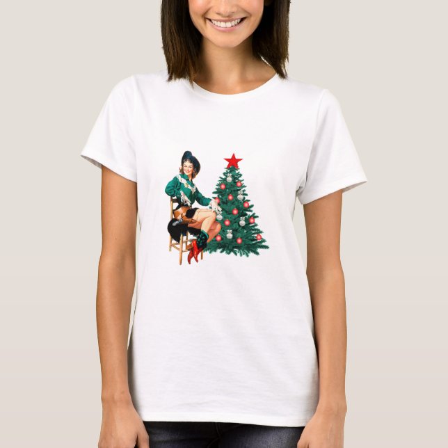 Vintages Cowgirl mit Weihnachtsbaum T-Shirt (Vorderseite)