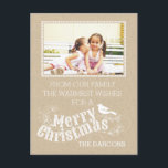 Vintages crafty Foto der Weihnachtsrustikalen Feiertagspostkarte<br><div class="desc">Feiertags-Fotopostkarte der rustikalen Typografie der Stechpalmenbeere froher Weihnachten Typografieskriptart Vintagen crafty,  die den Text "frohe Weihnachten",  Stechpalmenbeere und einen Vogel im Weiß auf dem DRUCKhandwerk schaut Papier kennzeichnet. Dieses Land,  rustikale elegante und stilvolle Postkarte mit einem modernen Flair ist vollständig kundengerecht. Er ist für die Grüße Ihrer Jahreszeit perfekt.</div>