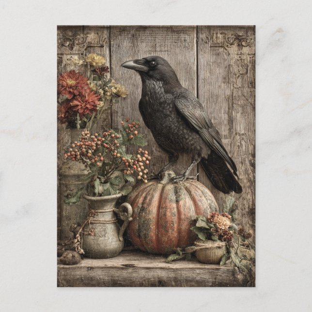 Vintages Crow and Pumpkin Still Life Postkarte (Vorderseite)